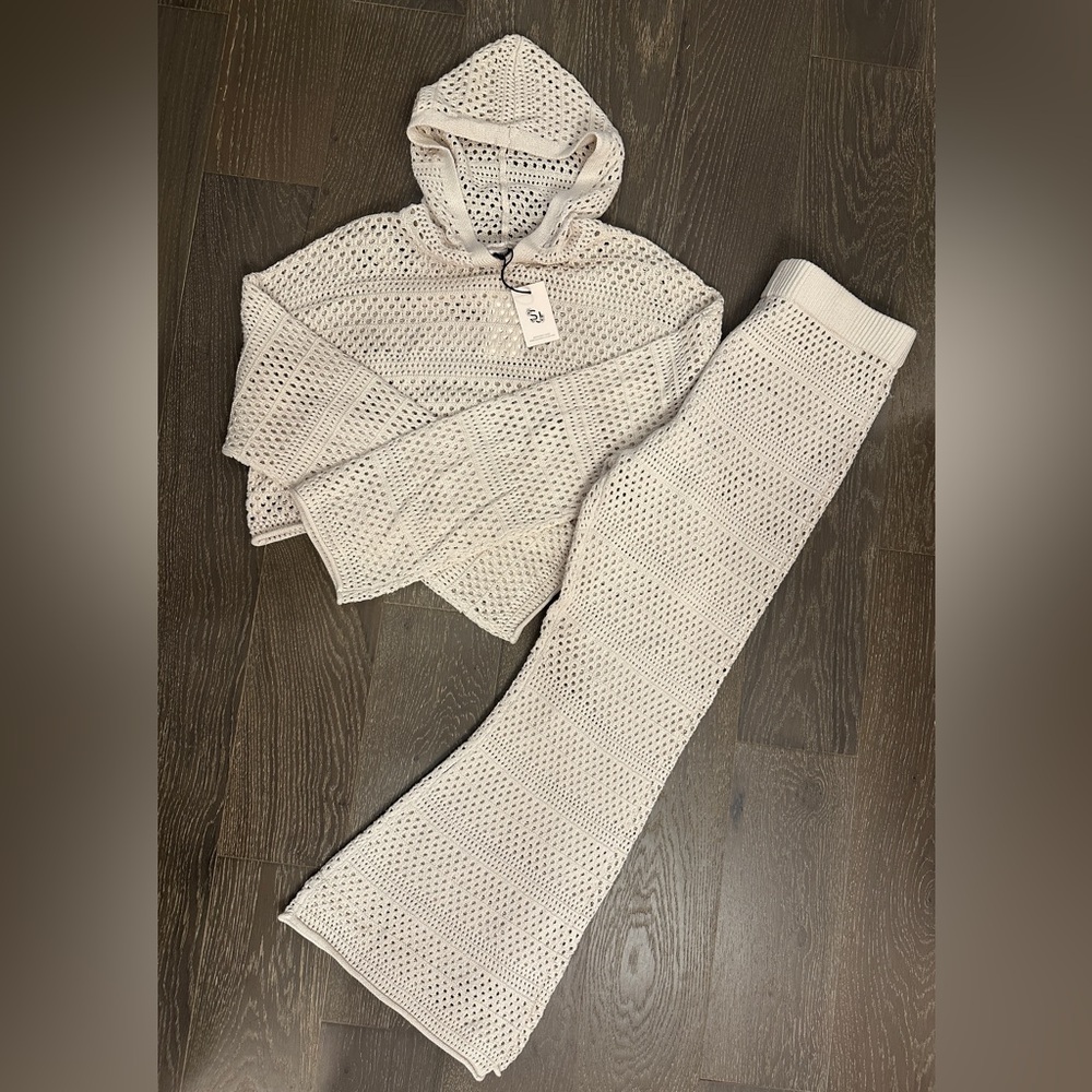 NWT Sincerely Jules | Open Crochet Knit Flare Pant Hoodie Beach Cover Set | XL